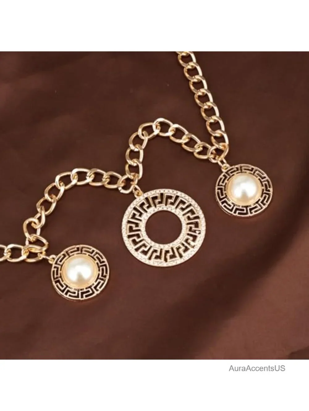 Vintage Gold Waist Chain Belt Greek Key Dangle Pendant Metal Punk Concho